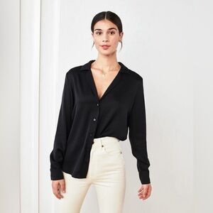 Quince Washable Stretch Silk Notch Collar Blouse, black, medium